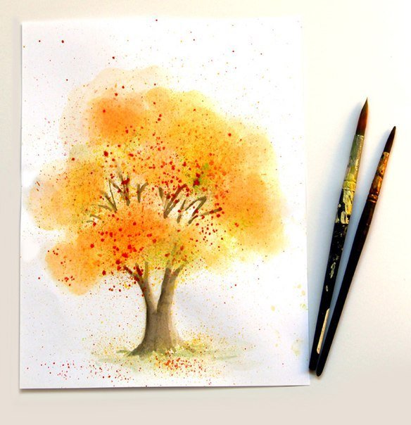 Рисование красками. Осеннее дерево