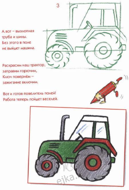 Рисование карандашом для мальчиков - машина, грузовик, трактор, кабриолет