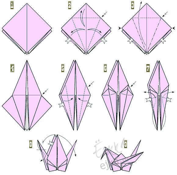 Схема оригами - журавлик из бумаги