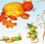 Осенние поделки для детей, аппликация из листьев  - Кот и мышка